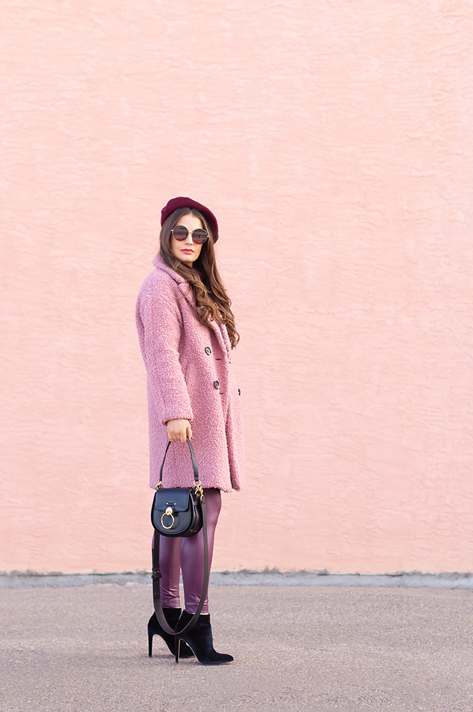 Raspberry Beret: My Favourite Warm, Comfortable Outfit Formula | Topshop Blush Teddy Coat Styled with a Wool Raspberry Beret, H&M burgundy sweater, Burgundy Joe Fresh Leather Leggings, Velvet Ankle Booties and the Artisan Anything Lara Leather Crossbody In Black (Amazing Chloe Tess Dupe!)  | Stylish Winter 2019 Outfit Ideas | Valentine’s Day Outfit Ideas for Cool Climates // Calgary, Alberta, Canada Fashion & Lifestyle Blogger // JustineCelina.com