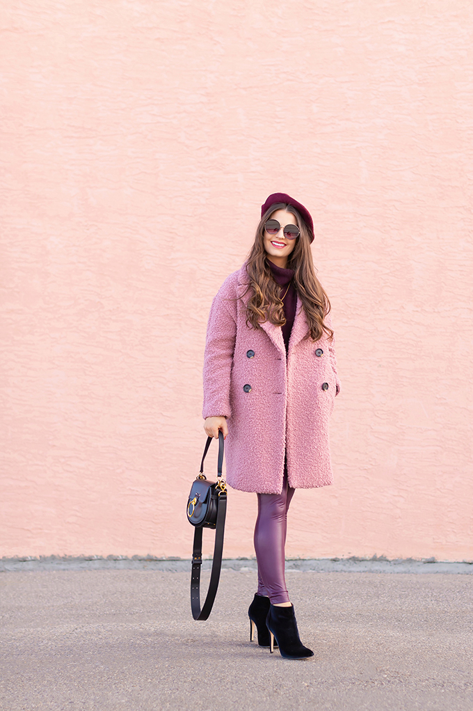 Raspberry Beret: My Favourite Warm, Comfortable Outfit Formula | Topshop Blush Teddy Coat Styled with a Wool Raspberry Beret, H&M burgundy sweater, Burgundy Joe Fresh Leather Leggings, Velvet Ankle Booties and the Artisan Anything Lara Leather Crossbody In Black (Amazing Chloe Tess Dupe!)  | Stylish Winter 2019 Outfit Ideas | Valentine’s Day Outfit Ideas for Cool Climates // Calgary, Alberta, Canada Fashion & Lifestyle Blogger // JustineCelina.com