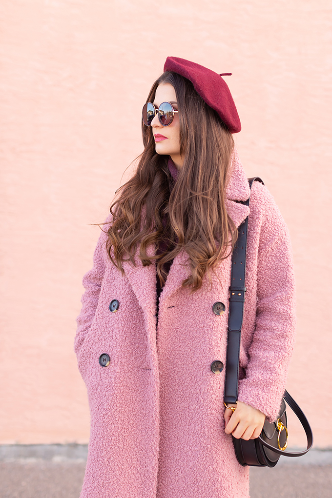 Raspberry Beret: My Favourite Warm, Comfortable Outfit Formula | Topshop Blush Teddy Coat Styled with a Wool Raspberry Beret, H&M burgundy sweater, Lancome Matte Shaker in Beige Vintage, Aldo Lerch Burgundy Sunglasses and the Artisan Anything Lara Leather Crossbody In Black (Amazing Chloe Tess Dupe!) | Stylish Winter 2019 Outfit Ideas | Valentine’s Day Outfit Ideas for Cool Climates // Calgary, Alberta, Canada Fashion & Lifestyle Blogger // JustineCelina.com