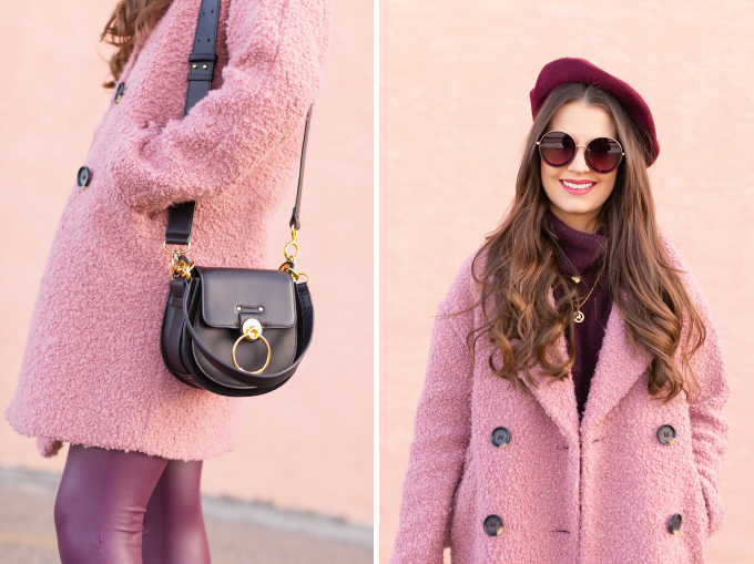 Raspberry Beret: My Favourite Warm, Comfortable Outfit Formula | Topshop Blush Teddy Coat Styled with a Wool Raspberry Beret, H&M burgundy sweater, Burgundy Joe Fresh Leather Leggings, Velvet Ankle Booties and the Artisan Anything Lara Leather Crossbody In Black (Amazing Chloe Tess Dupe!)  | Stylish Winter 2019 Outfit Ideas | Valentine’s Day Outfit Ideas for Cool Climates // Calgary, Alberta, Canada Fashion & Lifestyle Blogger // JustineCelina.com