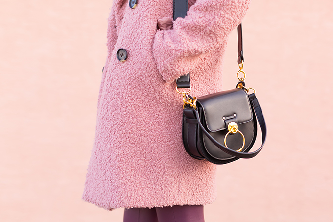 Raspberry Beret: My Favourite Warm, Comfortable Outfit Formula | Topshop Blush Teddy Coat Styled with a Wool Raspberry Beret, H&M burgundy sweater, Burgundy Joe Fresh Leather Leggings, Velvet Ankle Booties and the Artisan Anything Lara Leather Crossbody In Black (Amazing Chloe Tess Dupe!)  | Stylish Winter 2019 Outfit Ideas | Valentine’s Day Outfit Ideas for Cool Climates // Calgary, Alberta, Canada Fashion & Lifestyle Blogger // JustineCelina.com