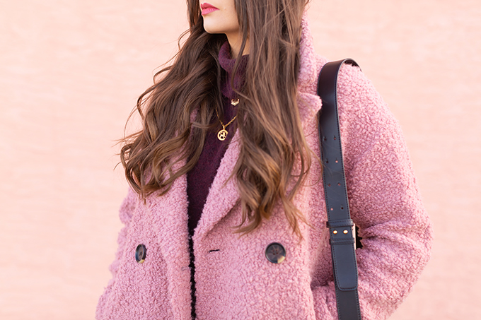 Raspberry Beret: My Favourite Warm, Comfortable Outfit Formula | Topshop Blush Teddy Coat Styled with a Wool Raspberry Beret, H&M burgundy sweater, Lancome Matte Shaker in Beige Vintage, Aldo Lerch Burgundy Sunglasses and the Artisan Anything Lara Leather Crossbody In Black (Amazing Chloe Tess Dupe!) | Stylish Winter 2019 Outfit Ideas | Valentine’s Day Outfit Ideas for Cool Climates // Calgary, Alberta, Canada Fashion & Lifestyle Blogger // JustineCelina.com