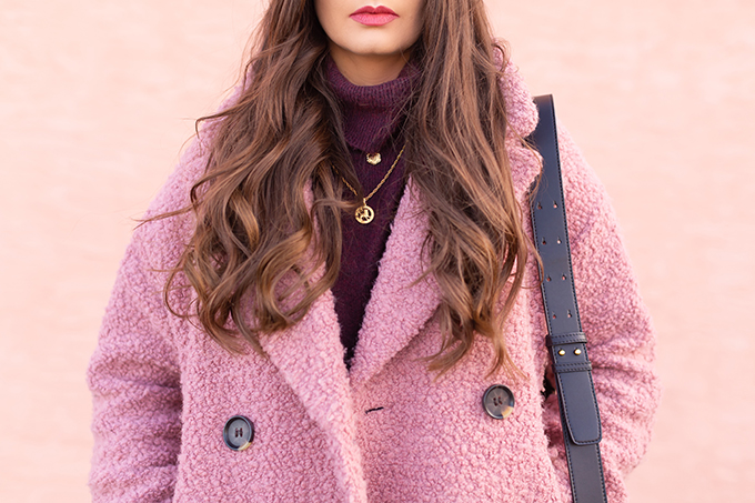 Raspberry Beret: My Favourite Warm, Comfortable Outfit Formula | Topshop Blush Teddy Coat Styled with a Wool Raspberry Beret, H&M burgundy sweater, Lancome Matte Shaker in Beige Vintage, Aldo Lerch Burgundy Sunglasses and the Artisan Anything Lara Leather Crossbody In Black (Amazing Chloe Tess Dupe!) | Stylish Winter 2019 Outfit Ideas | Valentine’s Day Outfit Ideas for Cool Climates // Calgary, Alberta, Canada Fashion & Lifestyle Blogger // JustineCelina.com