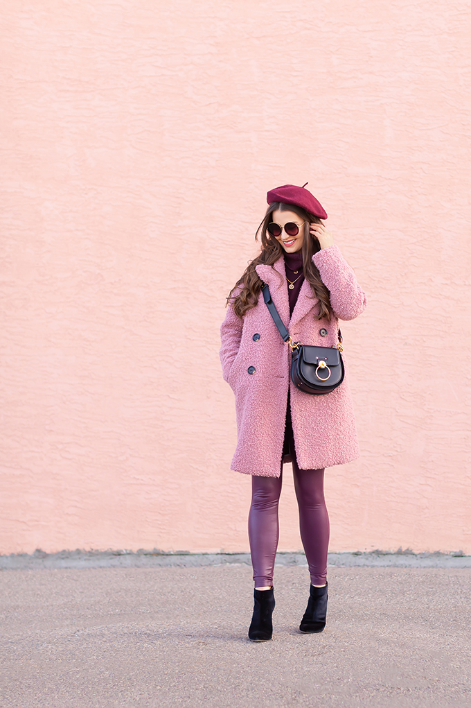 Raspberry Beret: My Favourite Warm, Comfortable Outfit Formula | Topshop Blush Teddy Coat Styled with a Wool Raspberry Beret, H&M burgundy sweater, Burgundy Joe Fresh Leather Leggings, Velvet Ankle Booties and the Artisan Anything Lara Leather Crossbody In Black (Amazing Chloe Tess Dupe!)  | Stylish Winter 2019 Outfit Ideas | Valentine’s Day Outfit Ideas for Cool Climates // Calgary, Alberta, Canada Fashion & Lifestyle Blogger // JustineCelina.com