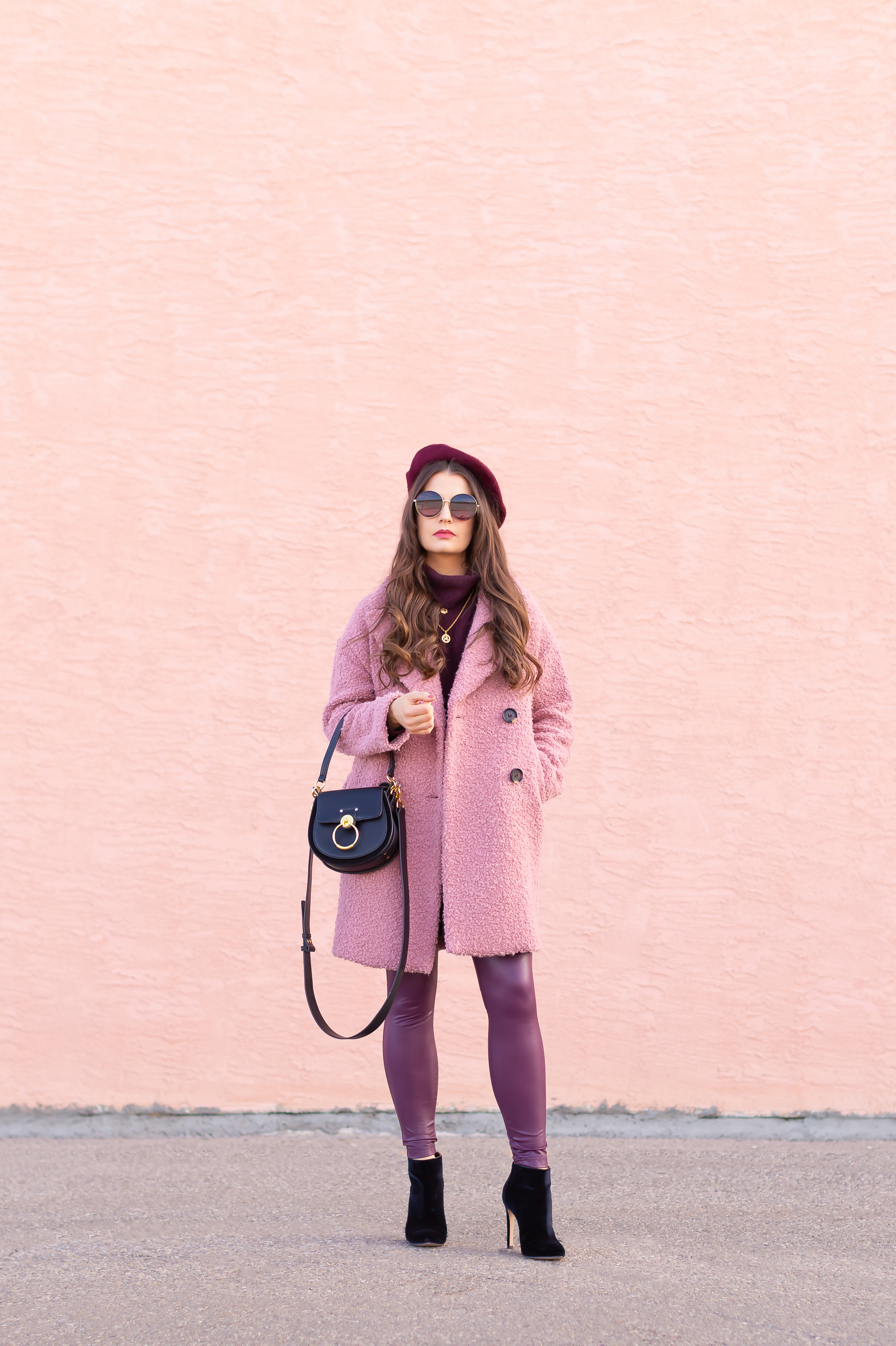 Raspberry Beret: My Favourite Warm, Comfortable Outfit Formula | Topshop Blush Teddy Coat Styled with a Wool Raspberry Beret, H&M burgundy sweater, Burgundy Joe Fresh Leather Leggings, Velvet Ankle Booties and the Artisan Anything Lara Leather Crossbody In Black (Amazing Chloe Tess Dupe!)  | Stylish Winter 2019 Outfit Ideas | Valentine’s Day Outfit Ideas for Cool Climates // Calgary, Alberta, Canada Fashion & Lifestyle Blogger // JustineCelina.com