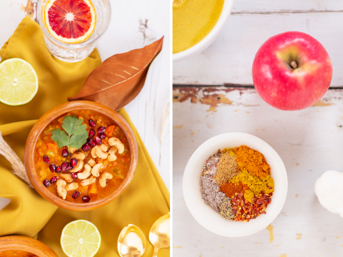 Slow Cooker Vegan Mulligatawny Soup with Red Lentils | #vegan #glutenfree | A warm bowl of vegan mulligatawny soup garnished with roasted cashews, pomegranate arils and cilantro with gold spoons and citrus water | The best vegan mulligatawny soup slow cooker recipe | vegetarian mulligatawny soup | vegetarian mulligatawny soup recipe lentils | vegetarian mulligatawny soup slow cooker | mulligatawny soup crock pot | best winter vegan slow cooker recipes // JustineCelina.com