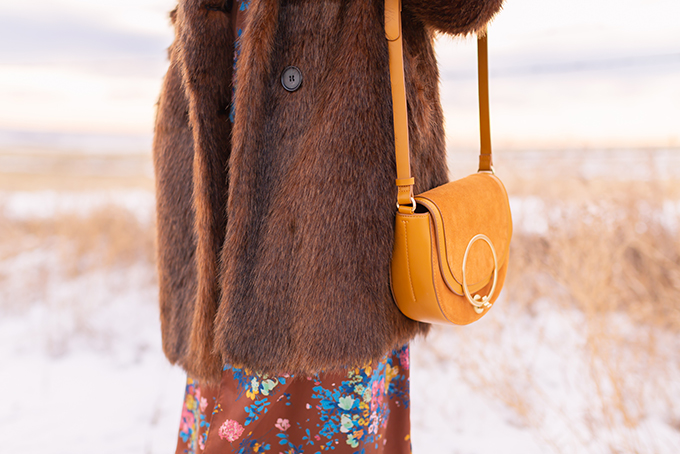 Pre Spring 2019 Trend Guide Bohemian Rhapsody: How to Style Midi Dresses for Transitional Spring Weather | Brown Floral Dress with a Brown Faux Fur Coat and Mustard Cross Body Bag | Bohemian Winter Style Ideas | Pantone Spring Summer 2019 Fashion Ideas | Calgary, Alberta, Canada Fashion & Lifestyle Blogger // JustineCelina.com