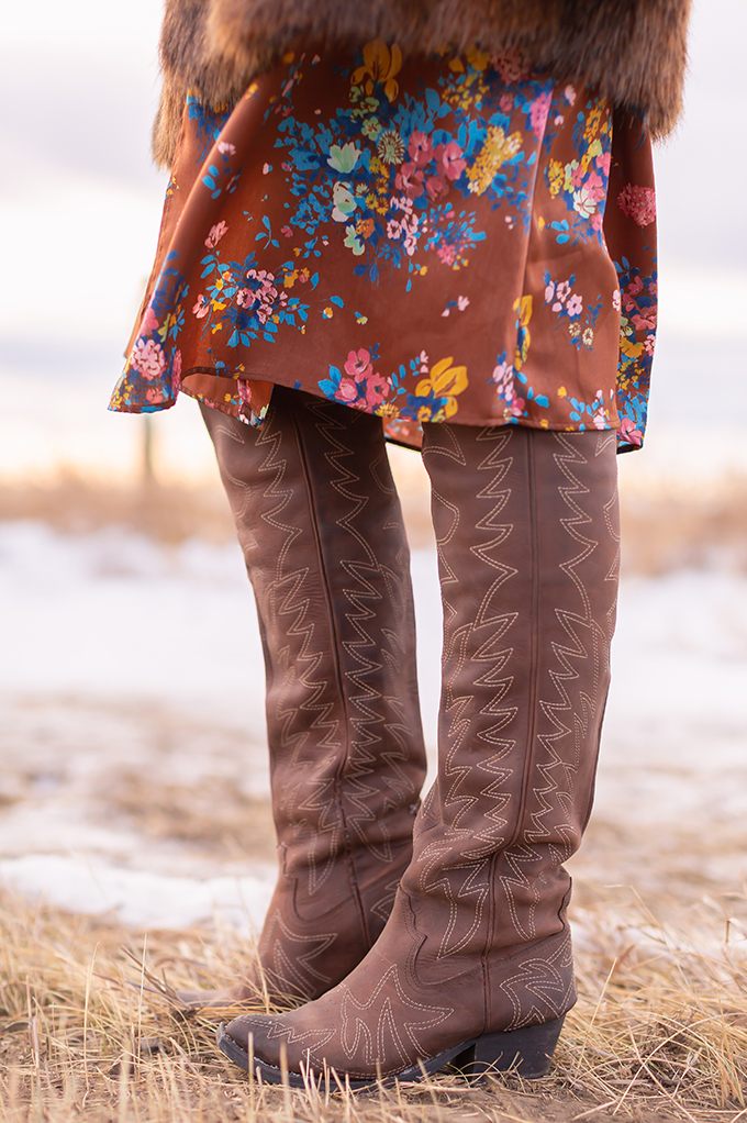 Pre Spring 2019 Trend Guide Bohemian Rhapsody: How to Style Midi Dresses for Transitional Spring Weather | Brown Floral Midi Dress styled with OTK Western Boots | Pantone Spring Summer 2019 Fashion Ideas | Calgary, Alberta, Canada Fashion & Lifestyle Blogger // JustineCelina.com