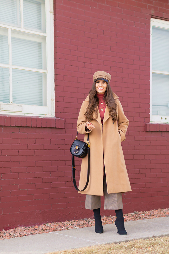 TRANSITIONAL STYLE STAPLES | WINTER TO SPRING 2019: My Go-To Polished Outfit for Transitional Weather | Aritzia Babaton Robbie Wool Coat Long styled with a Pantone Living Coral Turtle Neck, a Tweed and Leather TopShop Baker Boy Hat, Checked Culottes, Black Sock Boots, Artisan Anything Lara Leather Crossbody In Black (Amazing Chloe Tess Dupe!)| Stylish Winter / Spring Transitional 2019 Outfit Ideas | Calgary, Alberta Fashion Blogger // JustineCelina.com