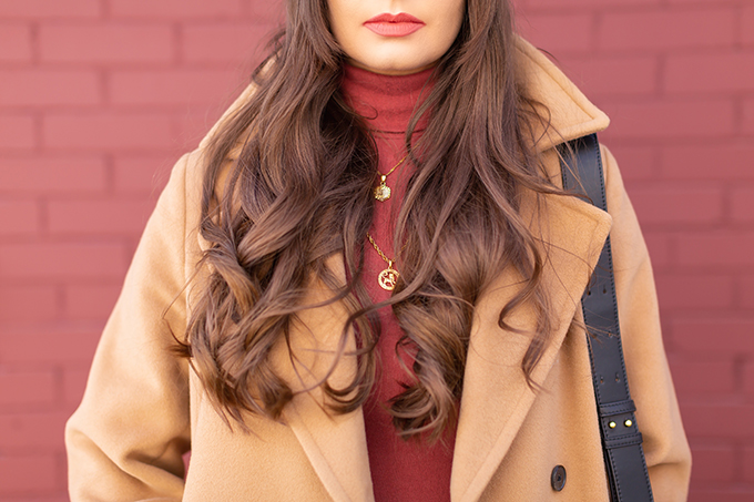 TRANSITIONAL STYLE STAPLES | WINTER TO SPRING 2019: My Go-To Polished Outfit for Transitional Weather | Aritzia Babaton Robbie Wool Coat Long styled with a Pantone Living Coral Turtle Neck, a Tweed and Leather TopShop Baker Boy Hat and Layered Gold House of Vi Jewellery | NARS Audacious Lipstick in Brigitte, Photos, Review | Stylish Winter / Spring Transitional 2019 Outfit Ideas | Calgary, Alberta Fashion Blogger // JustineCelina.com