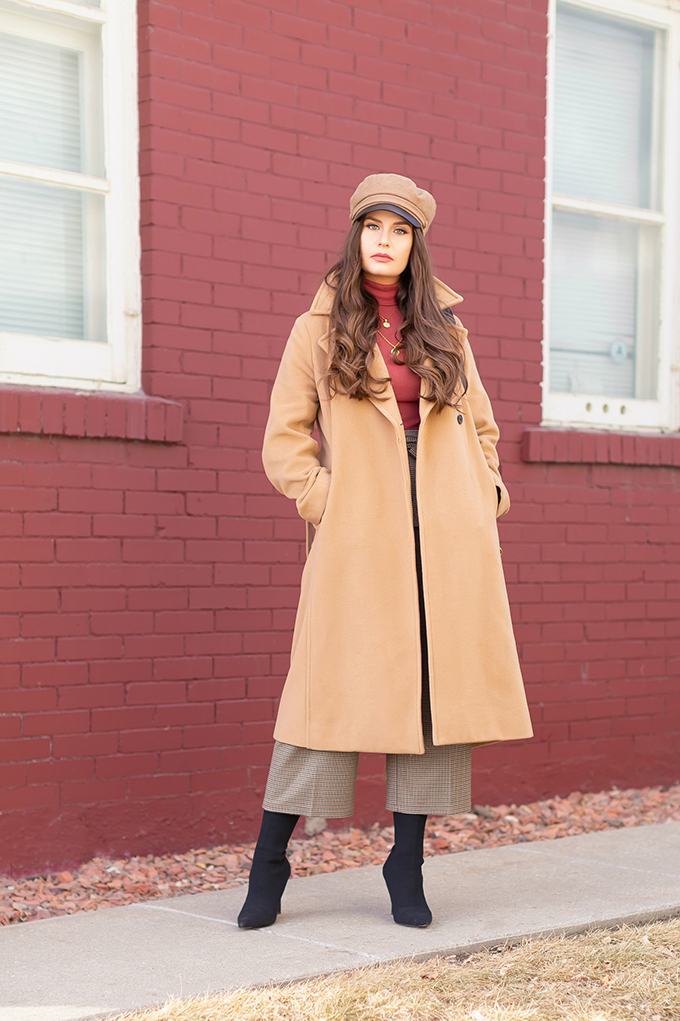 TRANSITIONAL STYLE STAPLES | WINTER TO SPRING 2019: My Go-To Polished Outfit for Transitional Weather | Aritzia Babaton Robbie Wool Coat Long styled with a Pantone Living Coral Turtle Neck, a Tweed and Leather TopShop Baker Boy Hat, Checked Culottes, Black Sock Boots, Artisan Anything Lara Leather Crossbody In Black (Amazing Chloe Tess Dupe!)| Stylish Winter / Spring Transitional 2019 Outfit Ideas | Calgary, Alberta Fashion Blogger // JustineCelina.com