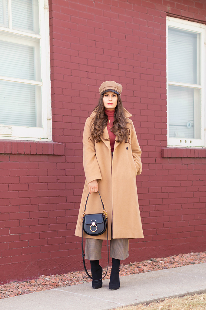 Winter 2019 Lookbook | Cozy Chic: My Go-To Polished Winter Outfit for Cold Weather | Aritzia Babaton Robbie Wool Coat Long styled with Checked Culottes, Black Sock Boots and the Artisan Anything Lara Leather Crossbody In Black (Amazing Chloe Tess Dupe!) | Stylish Winter 2019 Outfit Ideas | Cool Girl Winter Outfit Ideas // Calgary, Alberta, Canada Fashion & Lifestyle Blogger // JustineCelina.com