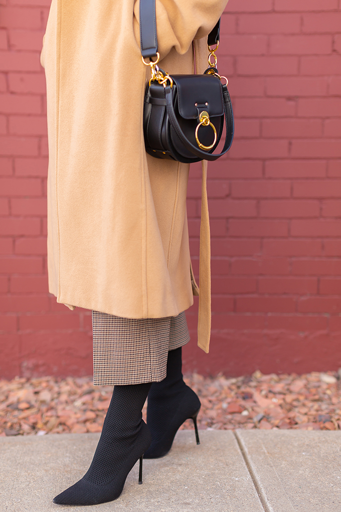 TRANSITIONAL STYLE STAPLES | WINTER TO SPRING 2019: My Go-To Polished Outfit for Transitional Weather | Aritzia Babaton Robbie Wool Coat Long styled with a Pantone Living Coral Turtle Neck, a Tweed and Leather TopShop Baker Boy Hat, Checked Culottes, Black Sock Boots, Artisan Anything Lara Leather Crossbody In Black (Amazing Chloe Tess Dupe!)| Stylish Winter / Spring Transitional 2019 Outfit Ideas | Calgary, Alberta Fashion Blogger // JustineCelina.com