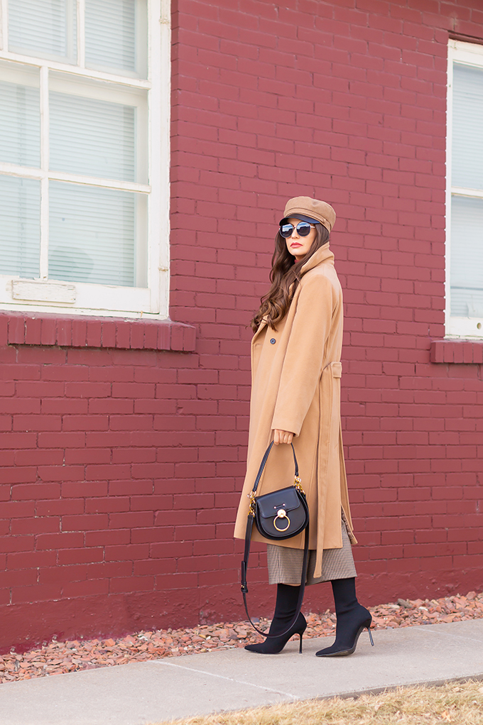 TRANSITIONAL STYLE STAPLES | WINTER TO SPRING 2019: My Go-To Polished Outfit for Transitional Weather | Aritzia Babaton Robbie Wool Coat Long styled with a Pantone Living Coral Turtle Neck, a Tweed and Leather TopShop Baker Boy Hat, Checked Culottes, Black Sock Boots, Artisan Anything Lara Leather Crossbody In Black (Amazing Chloe Tess Dupe!)| Stylish Winter / Spring Transitional 2019 Outfit Ideas | Calgary, Alberta Fashion Blogger // JustineCelina.com