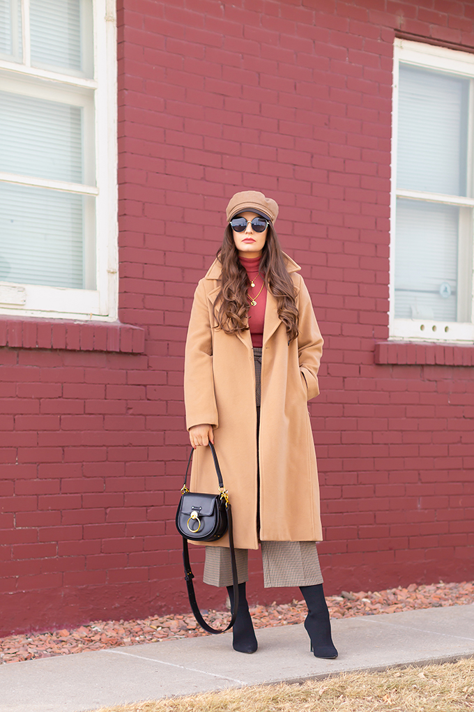 TRANSITIONAL STYLE STAPLES | WINTER TO SPRING 2019: My Go-To Polished Outfit for Transitional Weather | Aritzia Babaton Robbie Wool Coat Long styled with a Pantone Living Coral Turtle Neck, a Tweed and Leather TopShop Baker Boy Hat, Checked Culottes, Black Sock Boots, Artisan Anything Lara Leather Crossbody In Black (Amazing Chloe Tess Dupe!)| Stylish Winter / Spring Transitional 2019 Outfit Ideas | Calgary, Alberta Fashion Blogger // JustineCelina.com