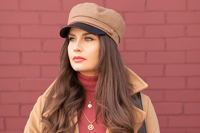 TRANSITIONAL STYLE STAPLES | WINTER TO SPRING 2019: My Go-To Polished Outfit for Transitional Weather | Aritzia Babaton Robbie Wool Coat Long styled with a Pantone Living Coral Turtle Neck, a Tweed and Leather TopShop Baker Boy Hat, Checked Culottes, Black Sock Boots, Artisan Anything Lara Leather Crossbody In Black (Amazing Chloe Tess Dupe!) and Layered Gold House of Vi Jewellery | Stylish Winter / Spring Transitional 2019 Outfit Ideas | Calgary, Alberta Fashion Blogger // JustineCelina.com