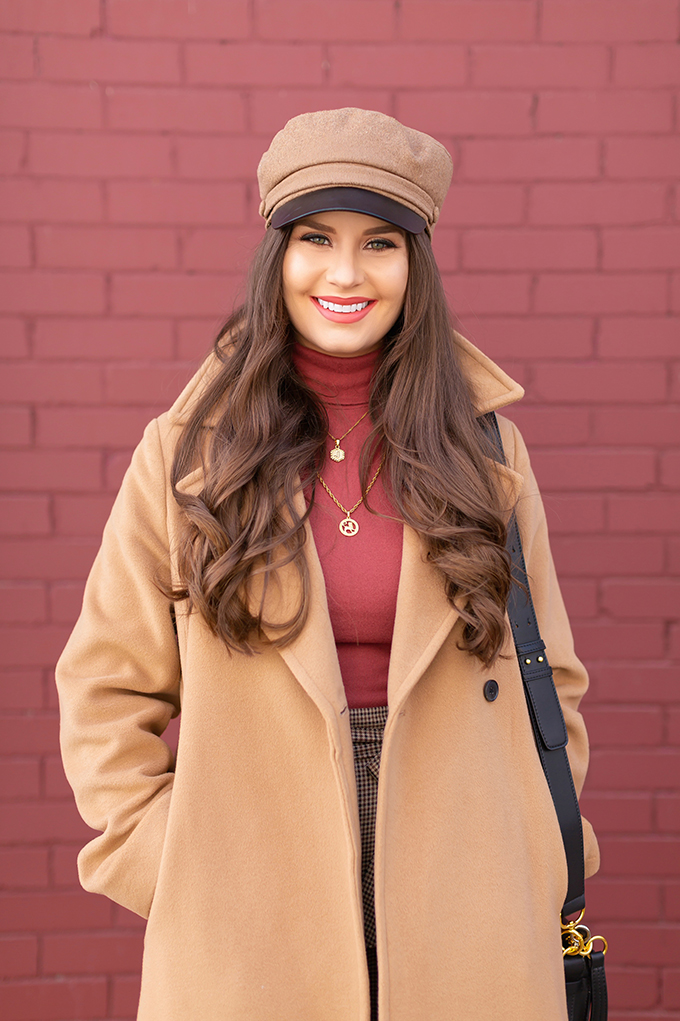 TRANSITIONAL STYLE STAPLES | WINTER TO SPRING 2019: My Go-To Polished Outfit for Transitional Weather | Aritzia Babaton Robbie Wool Coat Long styled with a Pantone Living Coral Turtle Neck, a Tweed and Leather TopShop Baker Boy Hat and Layered Gold House of Vi Jewellery | NARS Audacious Lipstick in Brigitte, Photos, Review | Stylish Winter / Spring Transitional 2019 Outfit Ideas | Calgary, Alberta Fashion Blogger // JustineCelina.com