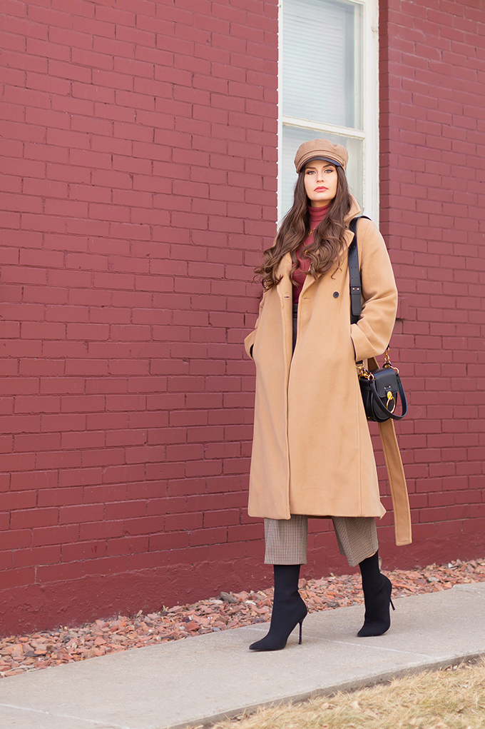 TRANSITIONAL STYLE STAPLES | WINTER TO SPRING 2019: My Go-To Polished Outfit for Transitional Weather | Aritzia Babaton Robbie Wool Coat Long styled with a Pantone Living Coral Turtle Neck, a Tweed and Leather TopShop Baker Boy Hat, Checked Culottes, Black Sock Boots, Artisan Anything Lara Leather Crossbody In Black (Amazing Chloe Tess Dupe!)| Stylish Winter / Spring Transitional 2019 Outfit Ideas | Calgary, Alberta Fashion Blogger // JustineCelina.com