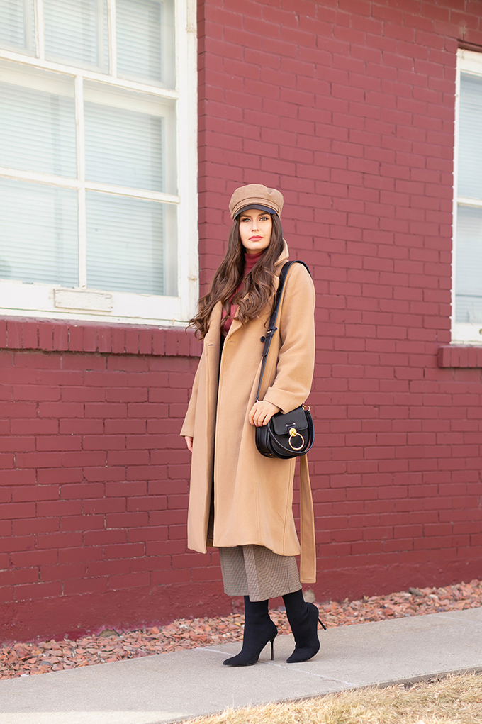 TRANSITIONAL STYLE STAPLES | WINTER TO SPRING 2019: My Go-To Polished Outfit for Transitional Weather | Aritzia Babaton Robbie Wool Coat Long styled with a Pantone Living Coral Turtle Neck, a Tweed and Leather TopShop Baker Boy Hat, Checked Culottes, Black Sock Boots, Artisan Anything Lara Leather Crossbody In Black (Amazing Chloe Tess Dupe!)| Stylish Winter / Spring Transitional 2019 Outfit Ideas | Calgary, Alberta Fashion Blogger // JustineCelina.com