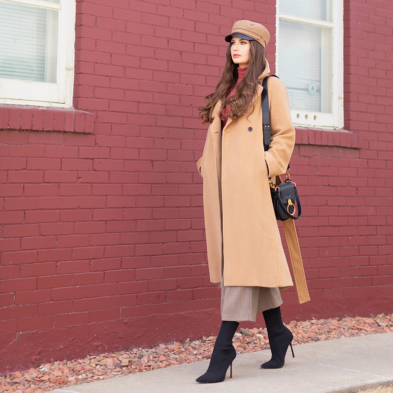 TRANSITIONAL STYLE STAPLES | WINTER TO SPRING 2019: My Go-To Polished Outfit for Transitional Weather | Aritzia Babaton Robbie Wool Coat Long styled with a Pantone Living Coral Turtle Neck, a Tweed and Leather TopShop Baker Boy Hat, Checked Culottes, Black Sock Boots, Artisan Anything Lara Leather Crossbody In Black (Amazing Chloe Tess Dupe!)| Stylish Winter / Spring Transitional 2019 Outfit Ideas | Calgary, Alberta Fashion Blogger // JustineCelina.com