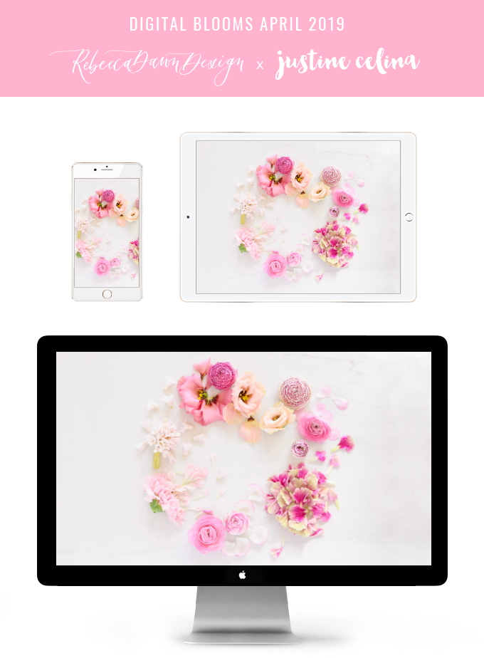 DIGITAL BLOOMS APRIL 2019 | FREE DESKTOP WALLPAPER + DIGITAL BLOOMS TURNS 3!  | Free Spring 2019 Floral Desktop Wallpapers featuring Pink Ranunculus, Lisianthus, Hyacinths and Carnations on a marble background | Pantone Spring / Summer 2019 Tech Wallpapers | FREE Pink Floral Tech Wallpapers | The Best FREE Spring Tech Wallpapers | Free Floral Tech Wallpapers Spring 2019 // JustineCelina.com x Rebecca Dawn Design