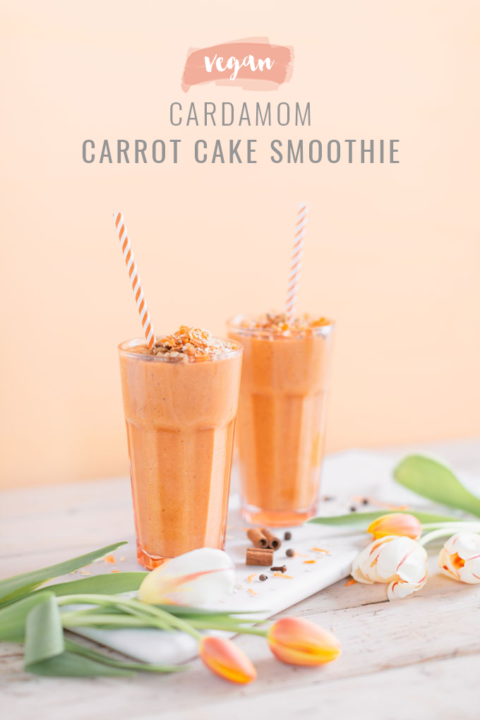 Vegan Cardamon Carrot Cake Smoothie | healthy carrot cake smoothie, cardamom carrot cake smoothie recipe, cardamom carrot cake smoothie vegan, cardamom carrot cake smoothie image, cardamom carrot cake smoothies, paleo carrot cake smoothie, vegan paleo carrot cake smoothie, the best vegan carrot cake smoothie, 2 carrot cake smoothies with spring tulips against a creamsicle orange pastel background and a marble serving board | Calgary, Alberta Creative Lifestyle Blogger // JustineCelina.com