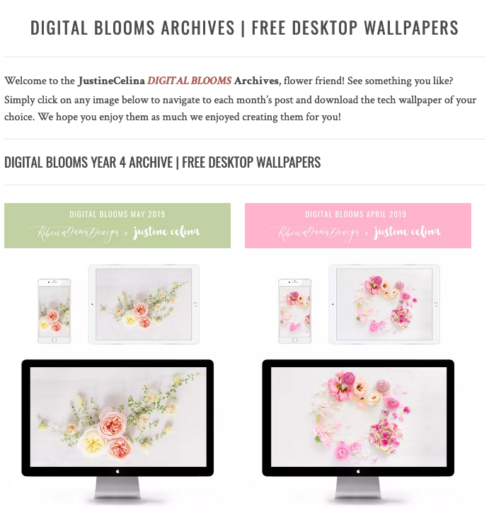 Browse the JustineCelina Digital Blooms archives for access to 4 years of free floral tech wallpapers // JustineCelina.com