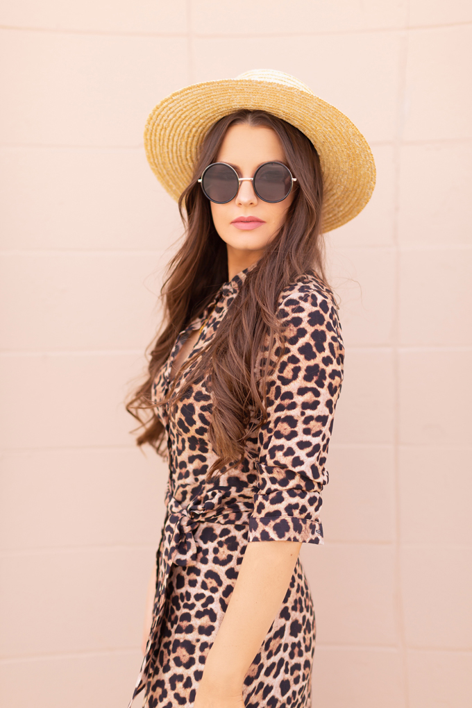 SPRING/SUMMER 2019 LOOKBOOK | Animal Instincts: How to Style a Button-Down Leopard Print Maxi Dress for Spring | Leopard Print Outfit Ideas Spring 2019 | Spring/Summer Vacation Outfit Ideas | Brunette woman wearing a Button-Down Leopard Print Maxi Dress styled with a straw hat, black lace up espadrilles and a black raffia minaudière bag | Top Spring/Summer 2019 Trends and how to wear them | Calgary Fashion & Creative Lifestyle Blogger