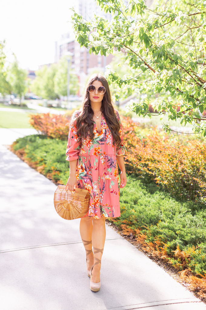 SPRING 2019 LOOKBOOK | Coral Florals: How to Style a Flowy, Coral Floral Print Dress for Spring | Floral Dress Outfit Ideas Spring 2019 | Spring and Summer Vacation Outfit Ideas | Brunette woman wearing a Zara Floral Print Ruffled Dress styled with oversized Chloe Carlina Sunglasses, nude lace up up espadrilles and Cult Gaia’s Brown Ark large bamboo bag  | Top Spring 2019 Trends and how to wear them | Calgary Fashion & Creative Lifestyle Blogger // JustineCelina.com