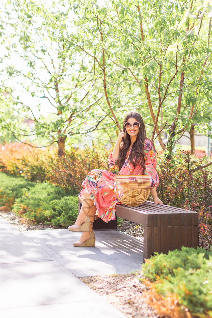 SPRING 2019 LOOKBOOK | Coral Florals: How to Style a Flowy, Coral Floral Print Dress for Spring | Floral Dress Outfit Ideas Spring 2019 | Spring and Summer Vacation Outfit Ideas | Brunette woman wearing a Zara Floral Print Ruffled Dress styled with oversized Chloe Carlina Sunglasses, nude lace up up espadrilles and Cult Gaia’s Brown Ark large bamboo bag  | Top Spring 2019 Trends and how to wear them | Calgary Fashion & Creative Lifestyle Blogger // JustineCelina.com