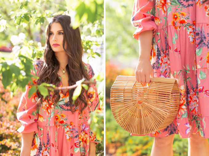 SPRING 2019 LOOKBOOK | Coral Florals: How to Style a Flowy, Coral Floral Print Dress for Spring | Floral Dress Outfit Ideas Spring 2019 | Spring and Summer Vacation Outfit Ideas | Brunette woman wearing a Zara Floral Print Ruffled Dress styled with oversized Chloe Carlina Sunglasses, nude lace up up espadrilles and Cult Gaia’s Brown Ark large bamboo bag  | Top Spring 2019 Trends and how to wear them | Calgary Fashion & Creative Lifestyle Blogger // JustineCelina.com