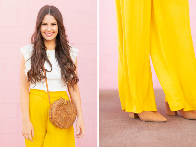 SPRING/SUMMER 2019 LOOKBOOK | Mellow Yellow: How to Style Yellow Palazzo Pants for Spring | Palazzo Pant Outfit Ideas Spring 2019 | Spring/Summer Summer Vacation Outfit Ideas | Brunette woman wearing a Yellow Palazzo Pants, a white ruffled sleeve top, a Round Women Bali Round Rattan Bag and Camel Mules | How to Wear palazzo pants for spring 2019 | Top Spring/Summer 2019 Trends and how to wear them | Calgary Fashion & Lifestyle Blogger // JustineCelina.com