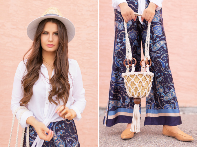 SPRING/SUMMER 2019 LOOKBOOK | Paisley Palazzo: How to Style Satin Paisley Palazzo Pants for Spring | Palazzo Pant Outfit Ideas Spring 2019 | pring Summer Vacation Outfit Ideas | Brunette woman wearing a Blue Paisley Palazzo Pants, a white knotted linen shirt, camel leather pointed toe flats and a Zara macrame bucket bag | How to Wear palazzo pants for spring 2019 | Top Spring/Summer 2019 Trends and how to wear them | Calgary Fashion & Lifestyle Blogger // JustineCelina.com