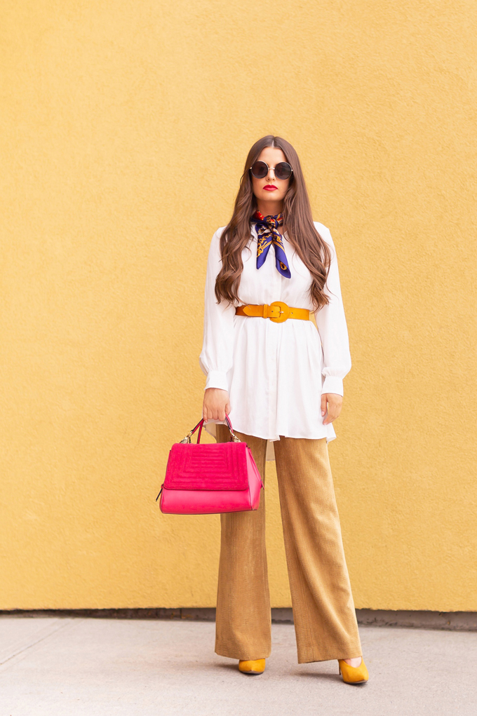 SPRING/SUMMER 2019 LOOKBOOK | Primary Style: Colourful Spring Outfit Ideas Spring 2019 | Professional Spring 2019 Outfits | Brunette woman wearing wide leg corduroy pants, a long white tunic with a yellow belt, a vintage neck scarf and red lip | How to Wear yellow for for SS19 | How to Wear the Pantone SS19 Fashion Colour Trend Report | Top Spring/Summer 2019 Trends and how to wear them | Calgary Fashion & Lifestyle Blogger // JustineCelina.com