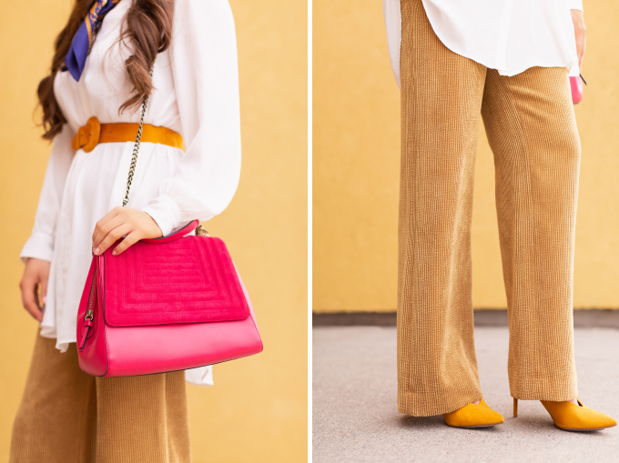 SPRING/SUMMER 2019 LOOKBOOK | Primary Style: Colourful Spring Outfit Ideas Spring 2019 | Professional Spring 2019 Outfits | Brunette woman wearing wide leg corduroy pants, a long white tunic with a yellow belt, a vintage neck scarf and red lip | How to Wear yellow for for SS19 | How to Wear the Pantone SS19 Fashion Colour Trend Report | Top Spring/Summer 2019 Trends and how to wear them | Calgary Fashion & Lifestyle Blogger // JustineCelina.com