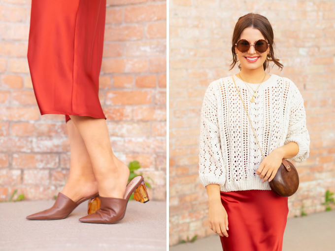 SPRING/SUMMER 2019 LOOKBOOK | Satin Knit: How to Style TopShop’s Bias Cut Satin Midi Skirt for Spring  | TopShop Orange Satin Skirt Outfit Ideas Casual Daytime Spring Outfit Ideas | Brunette woman wearing a Topshop Orange Satin Midi Skirt styled with a cream fisherman knit sweater, brown leather mules and a Zara circular Wooden Bag | Spring/Summer 2019 Trends | Office Appropriate Spring/Summer Outfit Ideas | Calgary Fashion & Creative Lifestyle Blogger // JustineCelina.com