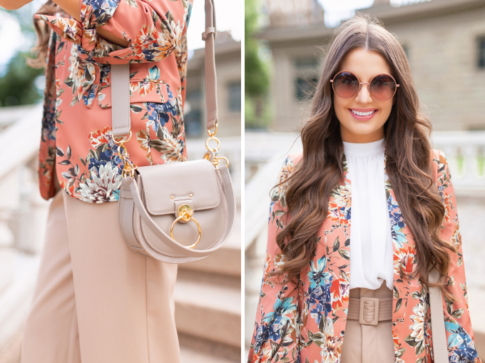 SPRING/SUMMER 2019 LOOKBOOK | Khaki Chic: How to Style Paperbag Pants at the Office for Spring | Paperbag Pant Outfit Ideas | Professional Spring/Summer 2019 Outfits | Brunette woman wearing high waisted khaki paperbag pants, a white top, a coral floral blazer, nude pointed toe pumps and Artisan Anything’s Chloe Tess dupe in grey | How to Wear the Paperbag pant Trend for SS19 | Top Spring/Summer 2019 Trends | Calgary Fashion Blogger // JustineCelina.com