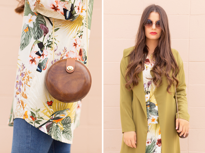SPRING/SUMMER 2019 LOOKBOOK | Tropical Trench: How to Style a Flowy, Olive Green Trench Coat for Spring | Trench Coat Outfit Ideas Spring 2019 | Rainy Day Spring Outfits | Brunette woman wearing a Flowy Olive Green Trench Coat, mid wash skinny jeans, brown Aldo Traycey pumps and a Zara circular wooden bag | How to Wear Pantone’s Pepper Stem for SS19 | Top Spring/Summer 2019 Trends and how to wear them | Calgary Fashion & Lifestyle Blogger // JustineCelina.com