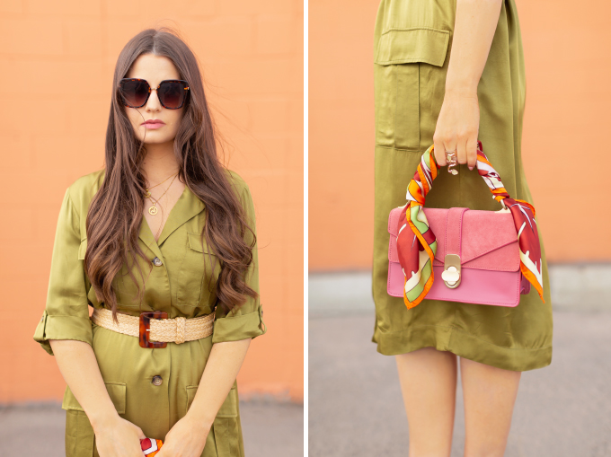 SPRING/SUMMER 2019 LOOKBOOK | Utilitarian Luxury: How to Style a the Utility Trend for Spring | Utility Cargo Outfit Ideas Spring 2019 | Professional Spring/Summer 2019 Outfits | Brunette woman wearing an Olive Green Satin Cargo Dress, raffia belt, nude pumps and pink handbag with a vintage scarf | How to Wear the Pantone SS19 Fashion Colour Trend Report | Top Spring/Summer 2019 Trends and how to wear them | Calgary Fashion Blogger // JustineCelina.com