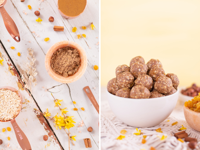 Hazelnut Oatmeal Golden Raisin Energy Bites | The Best No Bake, Vegan, Gluten Free, Refined Sugar Free Energy Bites | High Protein Energy Bites | Post Workout Recovery Energy Bites | Breakfast Energy Bites | Protein Powder Energy Bites | Healthy Energy Balls | Oatmeal Balls without Peanut Butter | Easy 9 Ingredient Energy Bites // JustineCelina.com