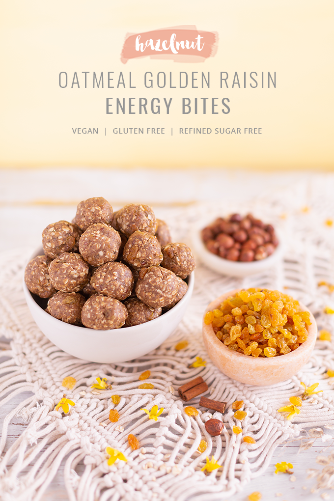 Hazelnut Oatmeal Golden Raisin Energy Bites | The Best No Bake, Vegan, Gluten Free, Refined Sugar Free Energy Bites | High Protein Energy Bites | Post Workout Recovery Energy Bites | Breakfast Energy Bites | Protein Powder Energy Bites | Healthy Energy Balls | Oatmeal Balls without Peanut Butter | Easy 9 Ingredient Energy Bites // JustineCelina.com