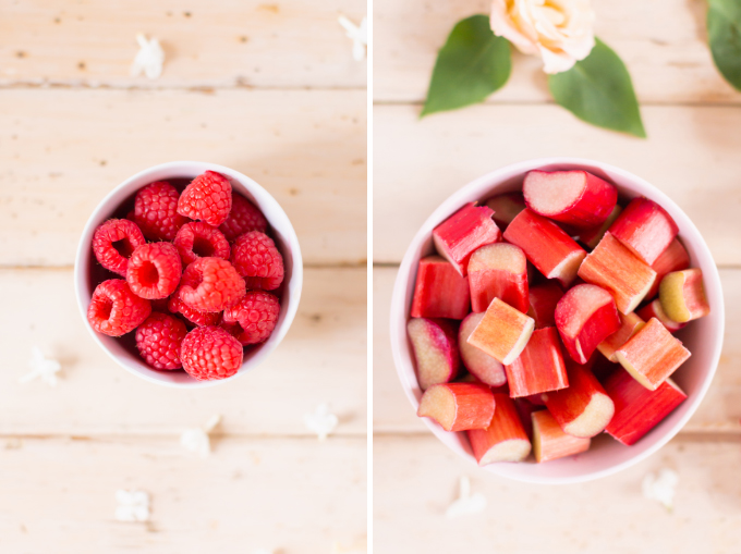 Raspberry Rhubarb Rosé Spritz | A refreshing, clean, refined sugar free cocktail | Fresh Chopped Rhubarb and fresh raspberries in a Bowl | Rosé spritzer recipe | Rosé cocktail | Rosé wine spritzer | summer cocktails with vodka // JustineCelina.com