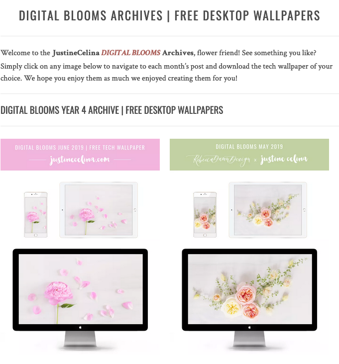 Browse the JustineCelina Digital Blooms archives for access to 4 years of free floral tech wallpapers // JustineCelina.com