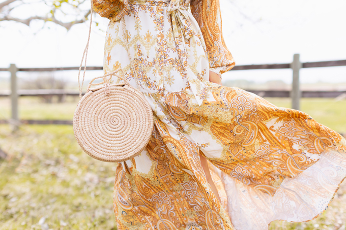 How to Style | Calgary’s White Hat for The Stampede | Stampede 2019 Outfit Ideas | Brunette Woman wearing a flow Paisley dress with a vintage western belt, Smithbilt The White Hat in White Felt and mid heel ankle boots with a round rattan bag | Smithbilt White Hat Outfit | How to Style a Cowboy Hat for the Calgary Stampede | Calgary Stampede Dress Code | Bohemian Western Inspired Outfit Summer 2019 | Boho Stampede Style | Justine Celina Maguire x Tourism Calgary // JustineCelina.com