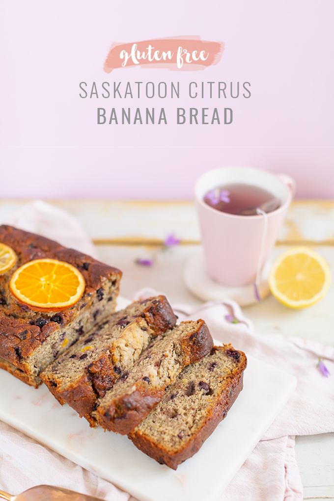 Gluten Free Saskatoon Citrus Banana Bread | Free of dairy, gluten and refined sugar and full of healthier, natural substitutions perfect for those with food allergies, intolerances or sensitivities | Best Saskatoon Berry Recipes | Saskatoon Berry Recipes Gluten Free | Clean Banana Bread Recipe | Saskatoon Banana Bread | Banana Saskatoon Loaf | Healthy Gluten Free Banana Bread | Calgary Clean Food Blogger, Recipe Developer and Food Stylist // JustineCelina.com