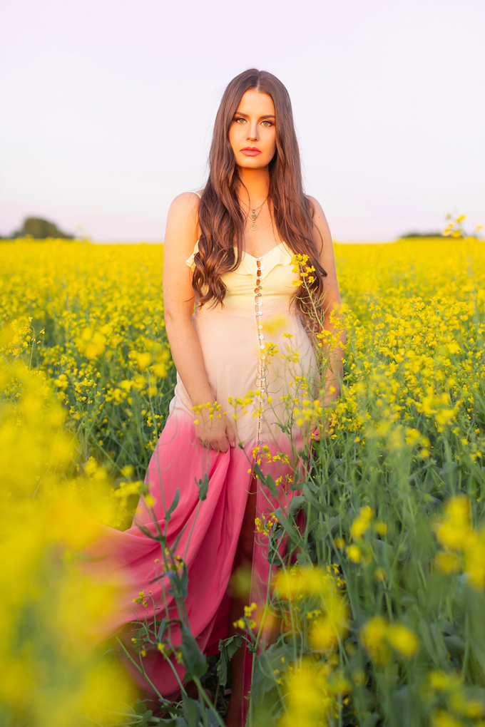 Another Trip Around The Sun | Brunette woman in a field of canola wearing a button-front ombre maxi dress at sunset celebrating her birthday | Bohemian Summer Outfit Ideas | Leo Season | Calgary, Alberta, Canada Lifestyle and Fashion Blogger, Justine Celina Maguire | JustineCelina Birthday | JustineCelina.com 