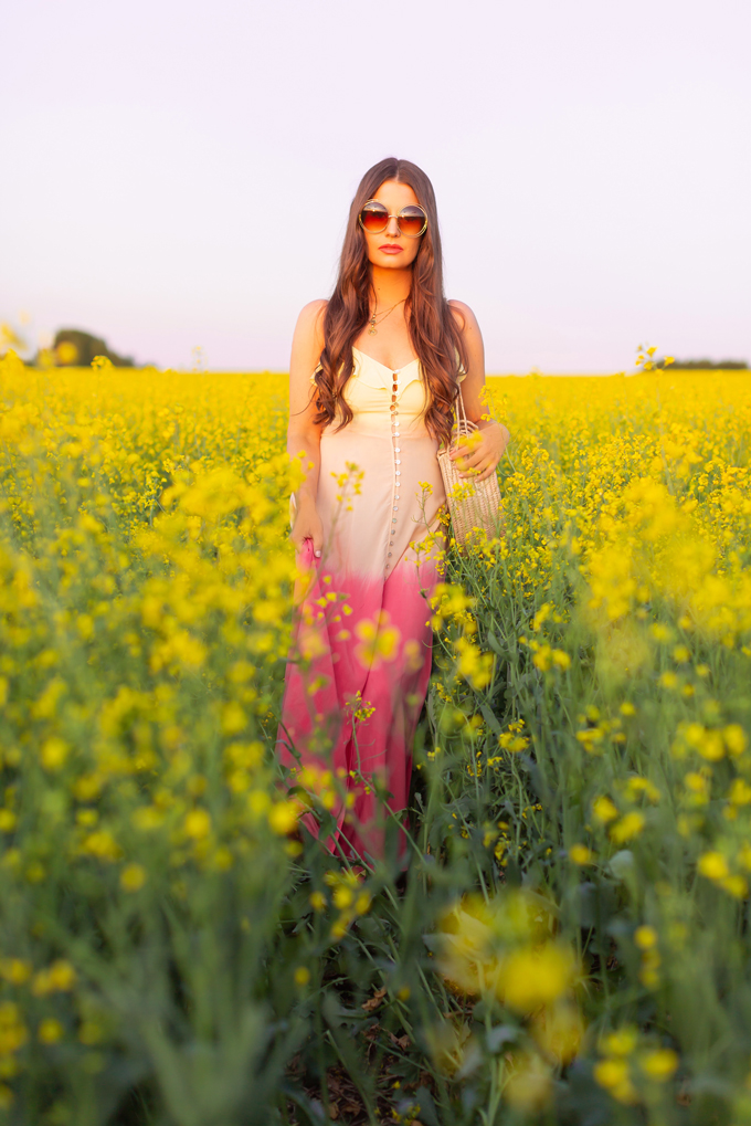 Another Trip Around The Sun | Brunette woman in a field of canola wearing a button-front ombre maxi dress at sunset celebrating her birthday | Bohemian Summer Outfit Ideas | Leo Season | Calgary, Alberta, Canada Lifestyle and Fashion Blogger, Justine Celina Maguire | JustineCelina Birthday | JustineCelina.com