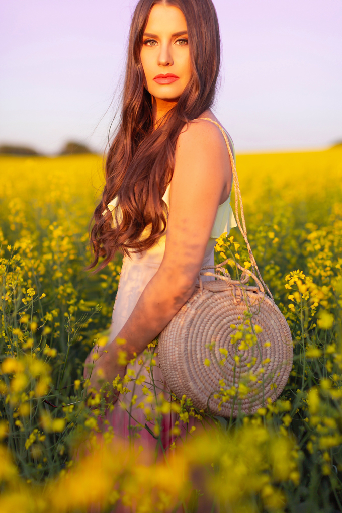 Another Trip Around The Sun | Brunette woman in a field of canola wearing a button-front ombre maxi dress at sunset celebrating her birthday | Bohemian Summer Outfit Ideas | Leo Season | Calgary, Alberta, Canada Lifestyle and Fashion Blogger, Justine Celina Maguire | JustineCelina Birthday | JustineCelina.com