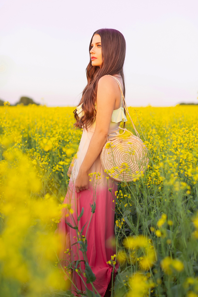 Another Trip Around The Sun | Brunette woman in a field of canola wearing a button-front ombre maxi dress at sunset celebrating her birthday | Bohemian Summer Outfit Ideas | Leo Season | Calgary, Alberta, Canada Lifestyle and Fashion Blogger, Justine Celina Maguire | JustineCelina Birthday | JustineCelina.com