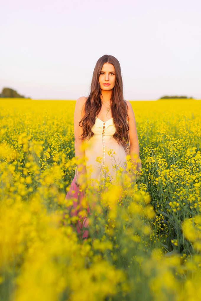 Another Trip Around The Sun | Brunette woman in a field of canola wearing a button-front ombre maxi dress at sunset celebrating her birthday | Bohemian Summer Outfit Ideas | Leo Season | Calgary, Alberta, Canada Lifestyle and Fashion Blogger, Justine Celina Maguire | JustineCelina Birthday | JustineCelina.com